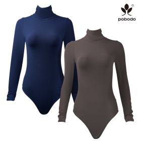 Round Neck Long Sleeved Brushed Warm Jumpsuit (Option: Tibetan blue x coffee color-L)